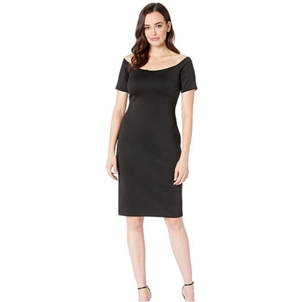 Calvin Klein Scuba Off Shoulder Short Sleeve Knee-Length Sheath Dress Black 12